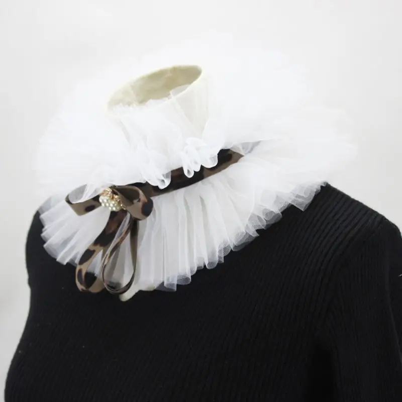 Women Victorian Ruffled Mesh Chocker with Leopard Bowknot Detachable Fake Collar
