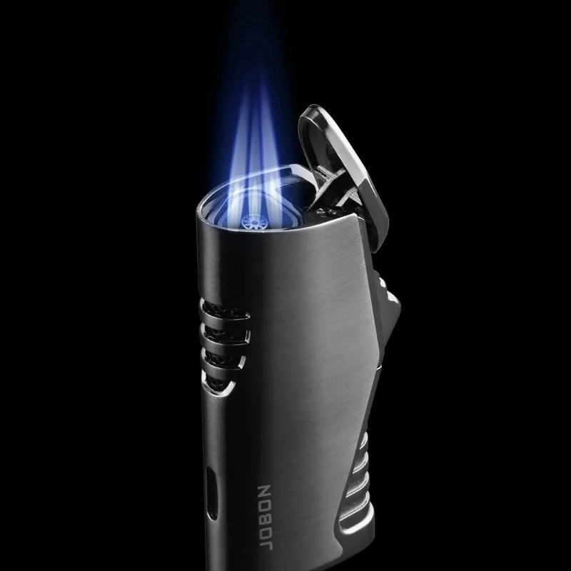 

Three Flame Jet Metal Lighters Torch Windproof Gas Lighter With Cigar Cutter Visible Gas Window Cigar Butane Lighter Blue Flame