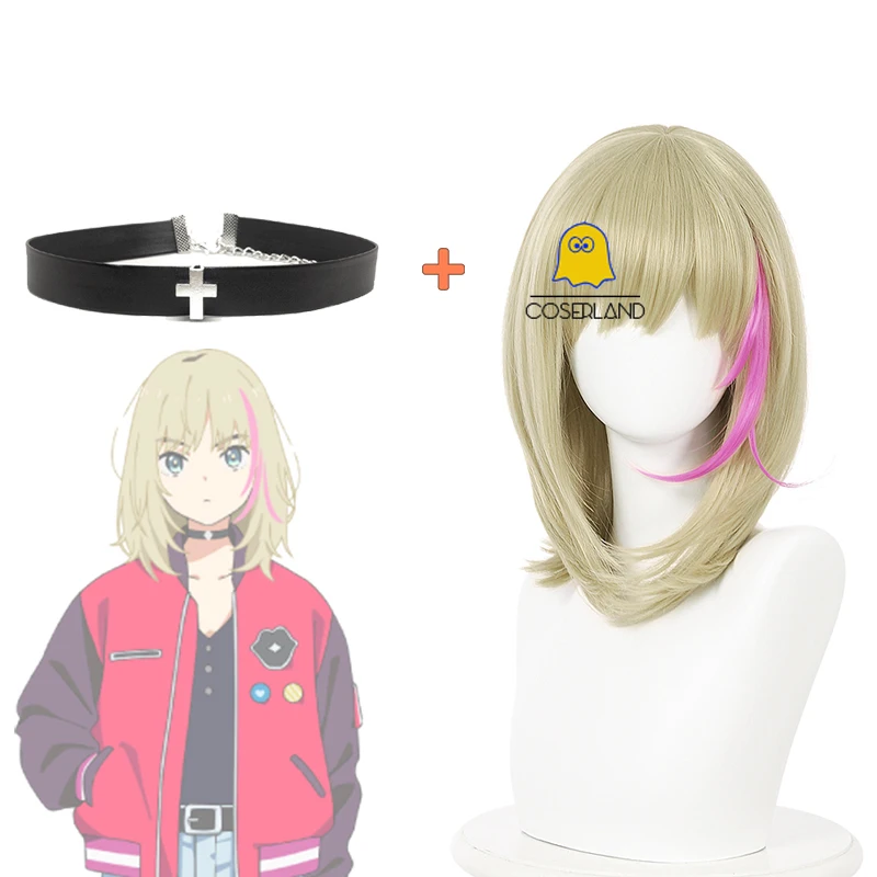 

Anime Wonder Egg Priority Rika Kawai Cosplay Wig Blond Pink Black Cross Choker Harajuku Accessory Heat Resistant Synthetic Hair