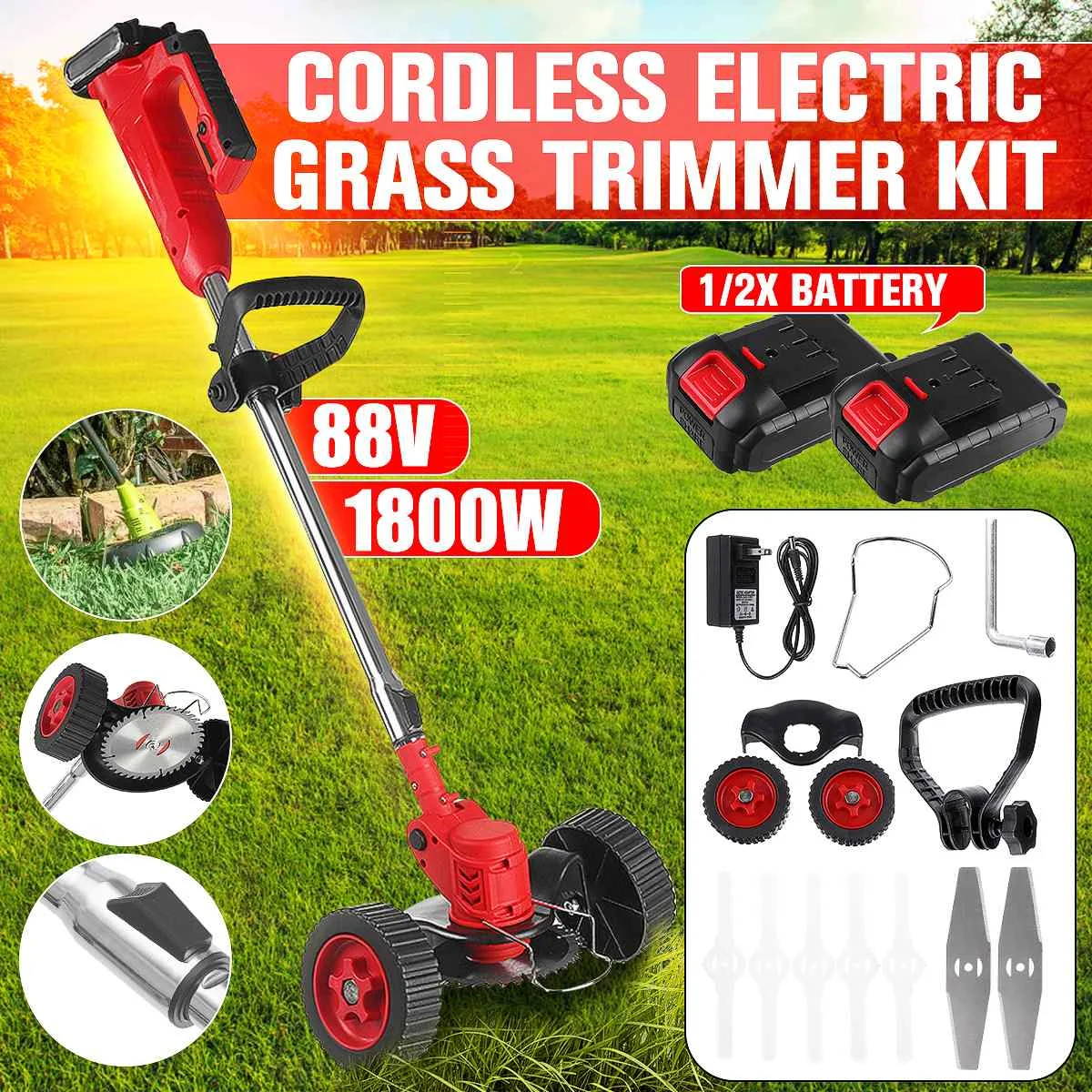 1800W 42V Li-ion Cordless Electric Grass Trimmer Handheld Lawn Mower Weeder Brush Length Adjustable Cutter Garden Pruning Tool
1800W 42V Li-ion Cordless Electric Grass Trimmer Handheld Lawn Mower Weeder Brush Length Adjustable Cutter Garden Pruning Tool
