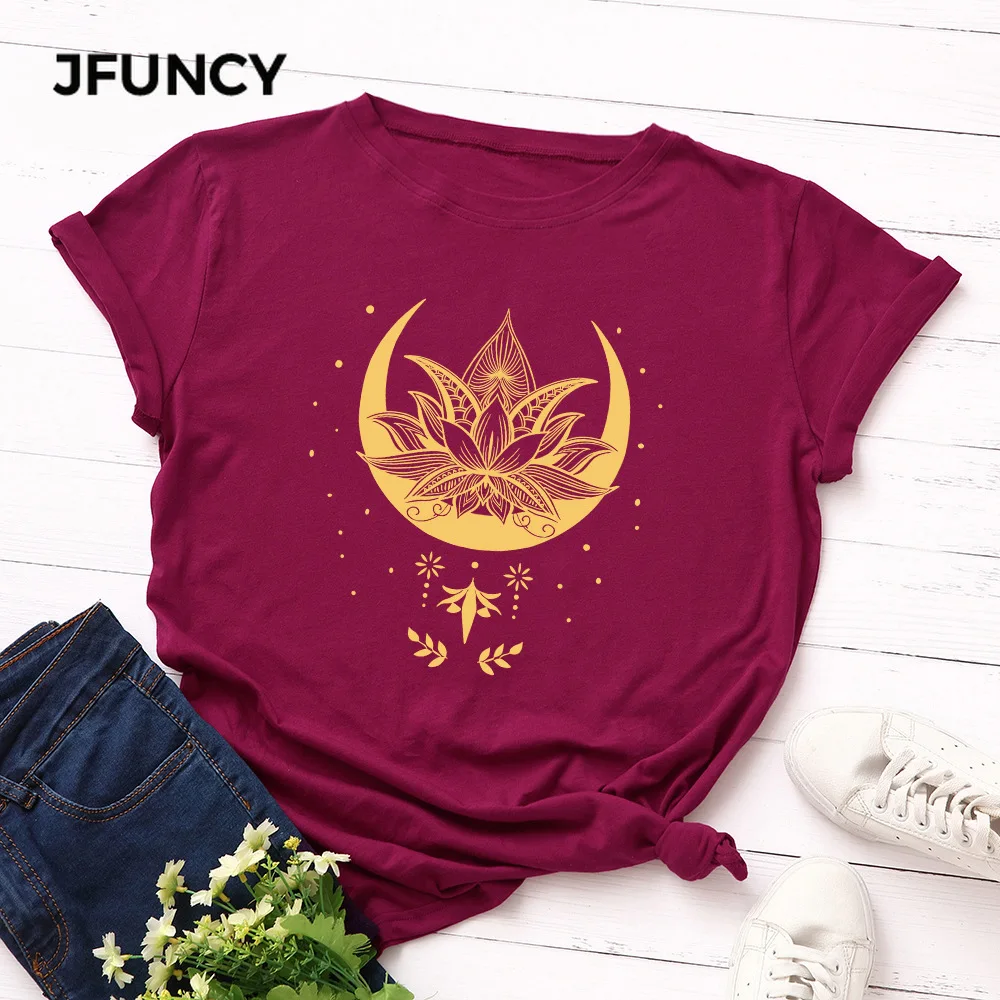 JFUNCY Новая женская футболка с принтом лотоса летние хлопковые женские футболки