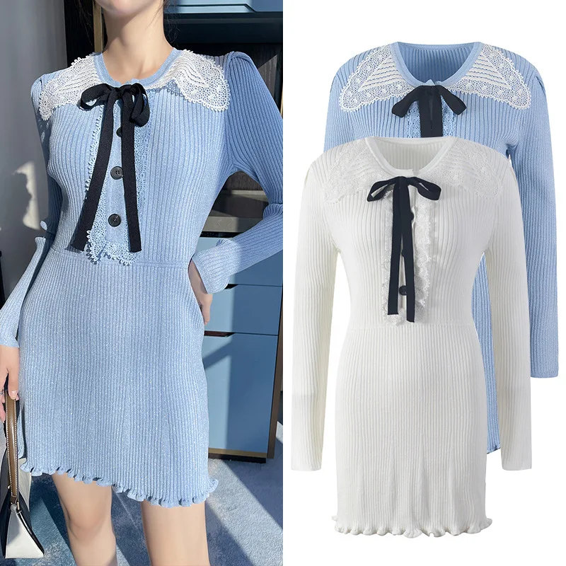 Brand Design Sweater Knit Dresses Women Mini Dress Blue White Long Sleeve Lace Bow Sweet Robes Vestidos Vintage Korean Clothing
Brand Design Sweater Knit Dresses Women Mini Dress Blue White Long Sleeve Lace Bow Sweet Robes Vestidos Vintage Korean Clothing