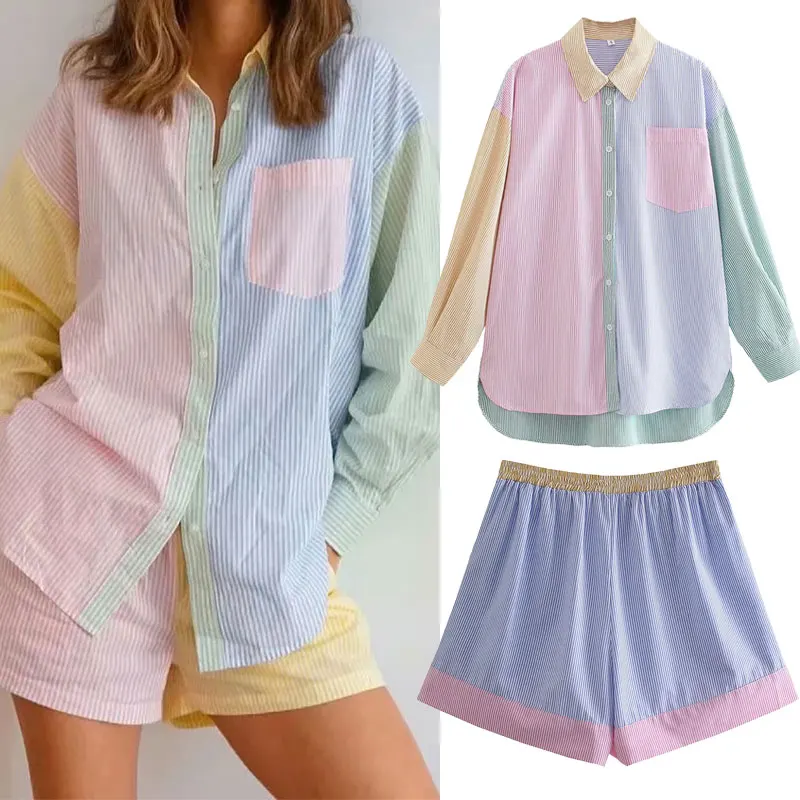 Женский летний комплект из двух предметов, повседневный Топ контрастных цветов и шорты, модель 2021 года 
Женский летний комплект из двух предметов, повседневный Топ контрастных цветов и шорты, модель 2021 года