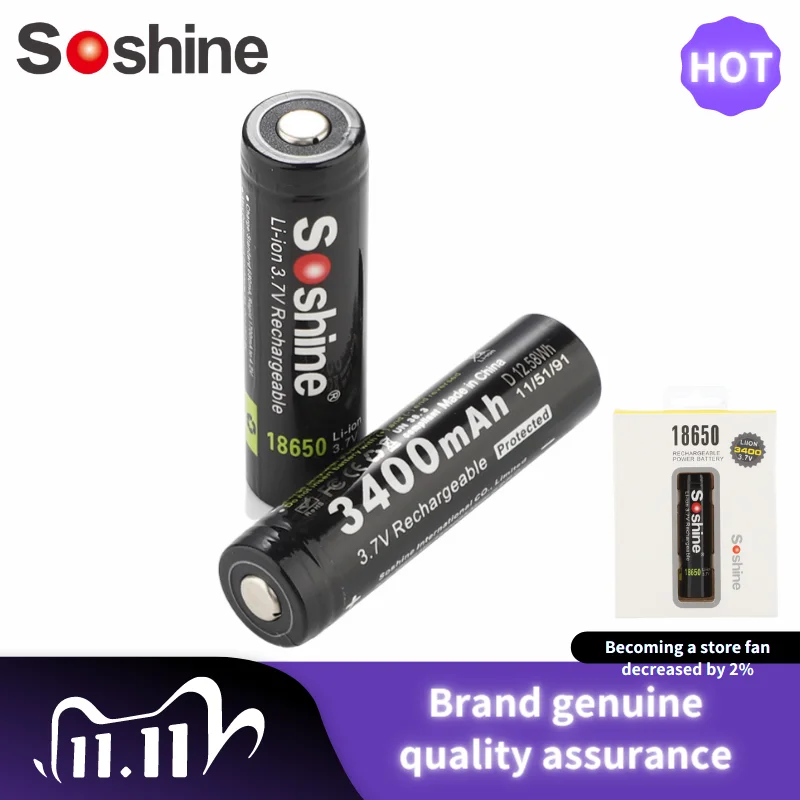 

1 Pcs Soshine 3.7V 3400mAh 18650 P Rechargeble Battery Protected High Discharge Li-ion Lithium Battery for Battery Storage Box