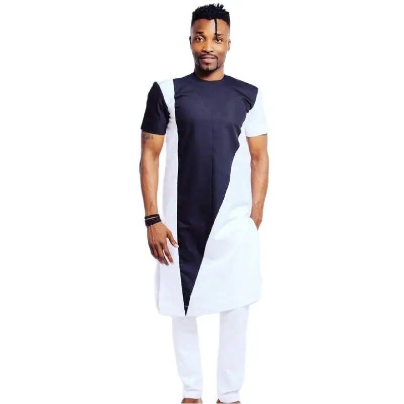African Fashion Men's Sets O-neck Short Sleeve Tops And Long Trousers Senator Style Black Patchwork Shirt And Solid White Pant
African Fashion Men's Sets O-neck Short Sleeve Tops And Long Trousers Senator Style Black Patchwork Shirt And Solid White Pant