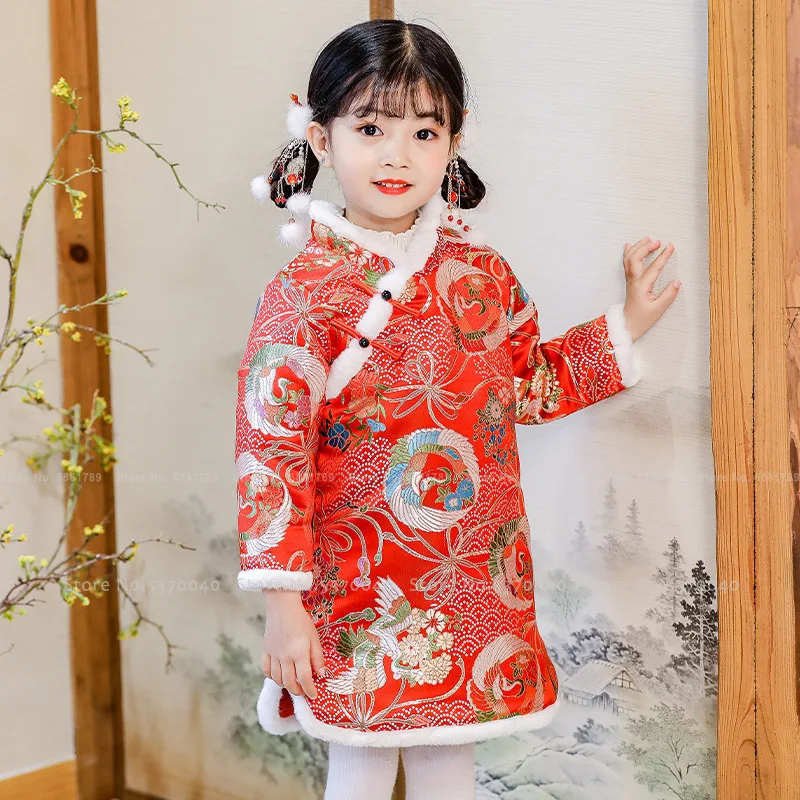

Детский костюм Тан для девочек, Новогодняя одежда, традиционный китайский стиль, пальто Ципао, детская Восточная одежда, Чонсам ханьфу Вече...