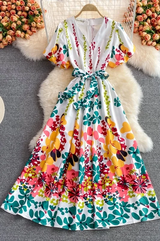 Women Summer Dress Flower Printed Short Sleeve Dress Waist Close Large Swing A-line Elegant Celebrity Holiday Dress
Women Summer Dress Flower Printed Short Sleeve Dress Waist Close Large Swing A-line Elegant Celebrity Holiday Dress