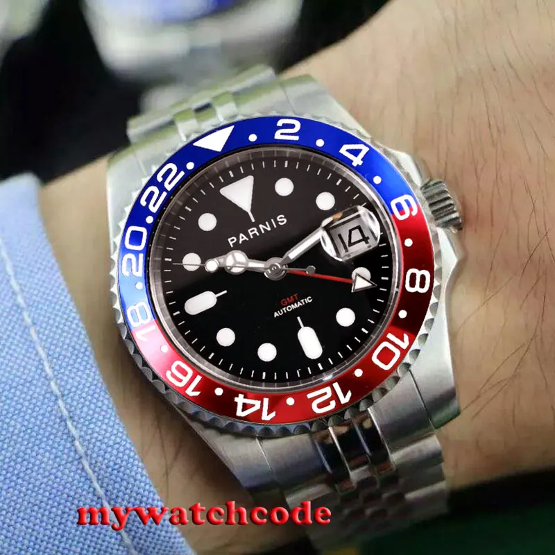 

40mm PARNIS black dial pepsi bezel date luminous marks GMT automatic mens watch Stainless Steel Sapphire Mens Luxury Watch P129