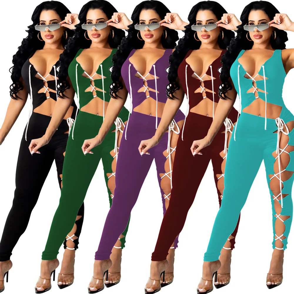 Sexy Cross Lace Up Hollow Out V Neck Sleeveless Bodycon Jumpsuit Women Summer Evening Club wear Party Romper Women Overalls
Sexy Cross Lace Up Hollow Out V Neck Sleeveless Bodycon Jumpsuit Women Summer Evening Club wear Party Romper Women Overalls