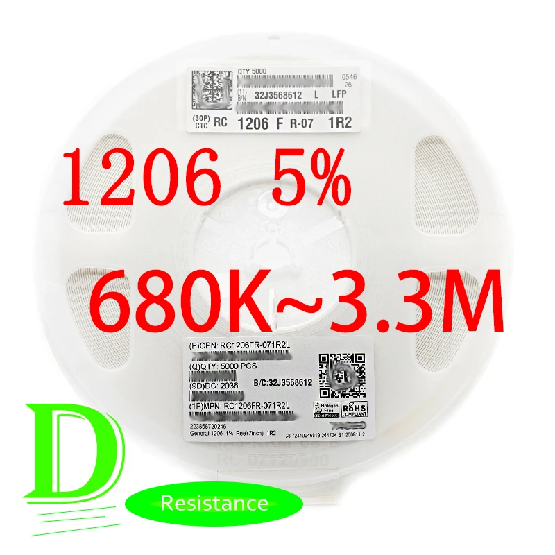 100PCS SMD Resistor 1206 5% RC1206JR-07 Series 680K 750K 820K 910K 1M 1.1M 1.2M 1.3M 1.5M 1.6M 1.8M 2M 2.2M 2.4M 2.7M 3M 3.3M 
100PCS SMD Resistor 1206 5% RC1206JR-07 Series 680K 750K 820K 910K 1M 1.1M 1.2M 1.3M 1.5M 1.6M 1.8M 2M 2.2M 2.4M 2.7M 3M 3.3M
