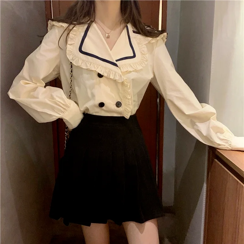 Korean Style Kawaii E-Girls Harajuku Female Tops Spring Autumn Elegant Ruffles Sailor Collar Casual Loose Tshirt Women's Clothes
Korean Style Kawaii E-Girls Harajuku Female Tops Spring Autumn Elegant Ruffles Sailor Collar Casual Loose Tshirt Women's Clothes
