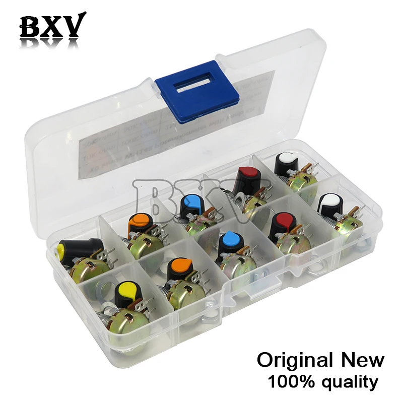 WH148 Potentiometer Kit IBUW B1K 2K 5K 10K 20K 50K 100K 250K 500K 1M 15MM Linear Taper Rotary Resistor Set 3pin With Cap
WH148 Potentiometer Kit IBUW B1K 2K 5K 10K 20K 50K 100K 250K 500K 1M 15MM Linear Taper Rotary Resistor Set 3pin With Cap