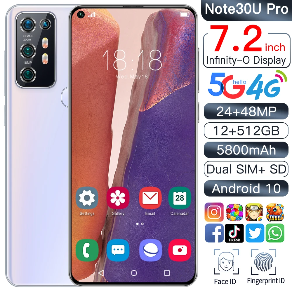 Note30U Pro Smartphone 7.2Inch 5800mah Android 10 Dual SIM 4G 5G 24+48MP HD Camera Face Wake 12+512GB Global Version CellPhone
Note30U Pro Smartphone 7.2Inch 5800mah Android 10 Dual SIM 4G 5G 24+48MP HD Camera Face Wake 12+512GB Global Version CellPhone