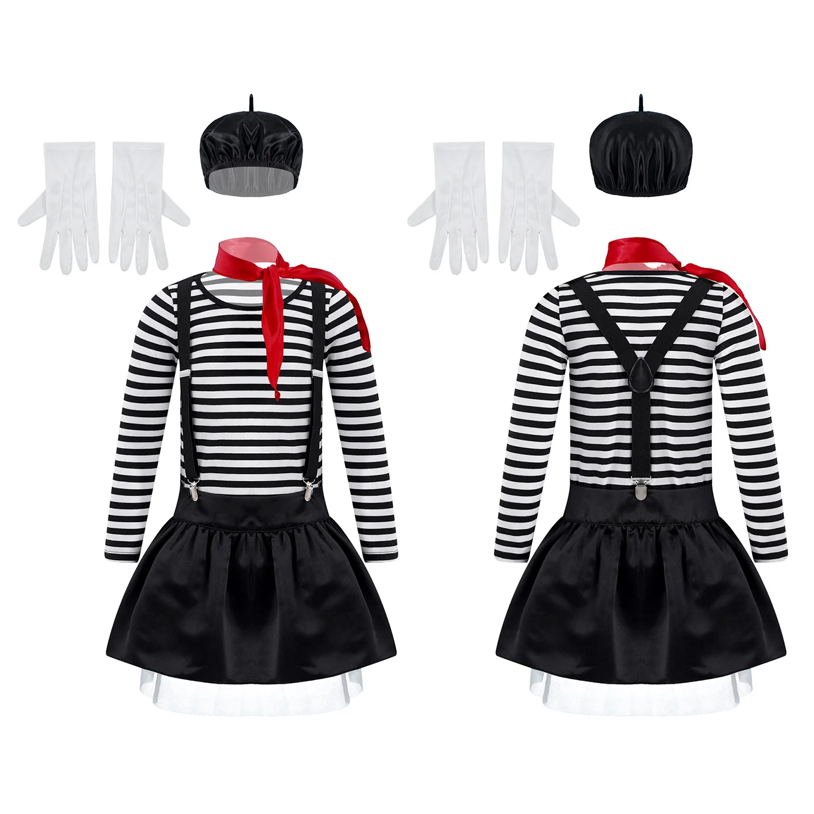Girls Kids Mime Costume Halloween Party Stripes Printing Tops with Detachable Suspenders Skirt Scarf Beret Hat and Gloves Set
Girls Kids Mime Costume Halloween Party Stripes Printing Tops with Detachable Suspenders Skirt Scarf Beret Hat and Gloves Set