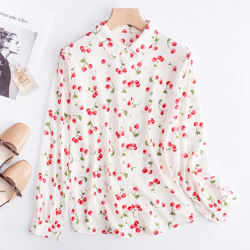 Women's 100% Mulberry Silk 16mm Crepe Silk Cherry Print Button down long sleeve shirt Top Blouse Collared office work JN590
Women's 100% Mulberry Silk 16mm Crepe Silk Cherry Print Button down long sleeve shirt Top Blouse Collared office work JN590
