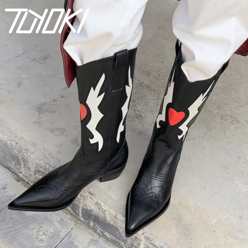 

Tuyoki Women Knee High Boots Genuine Leather Mix Color Long Boots Women Fashion Cool Winter Shoes Women Footwear Size 34-40