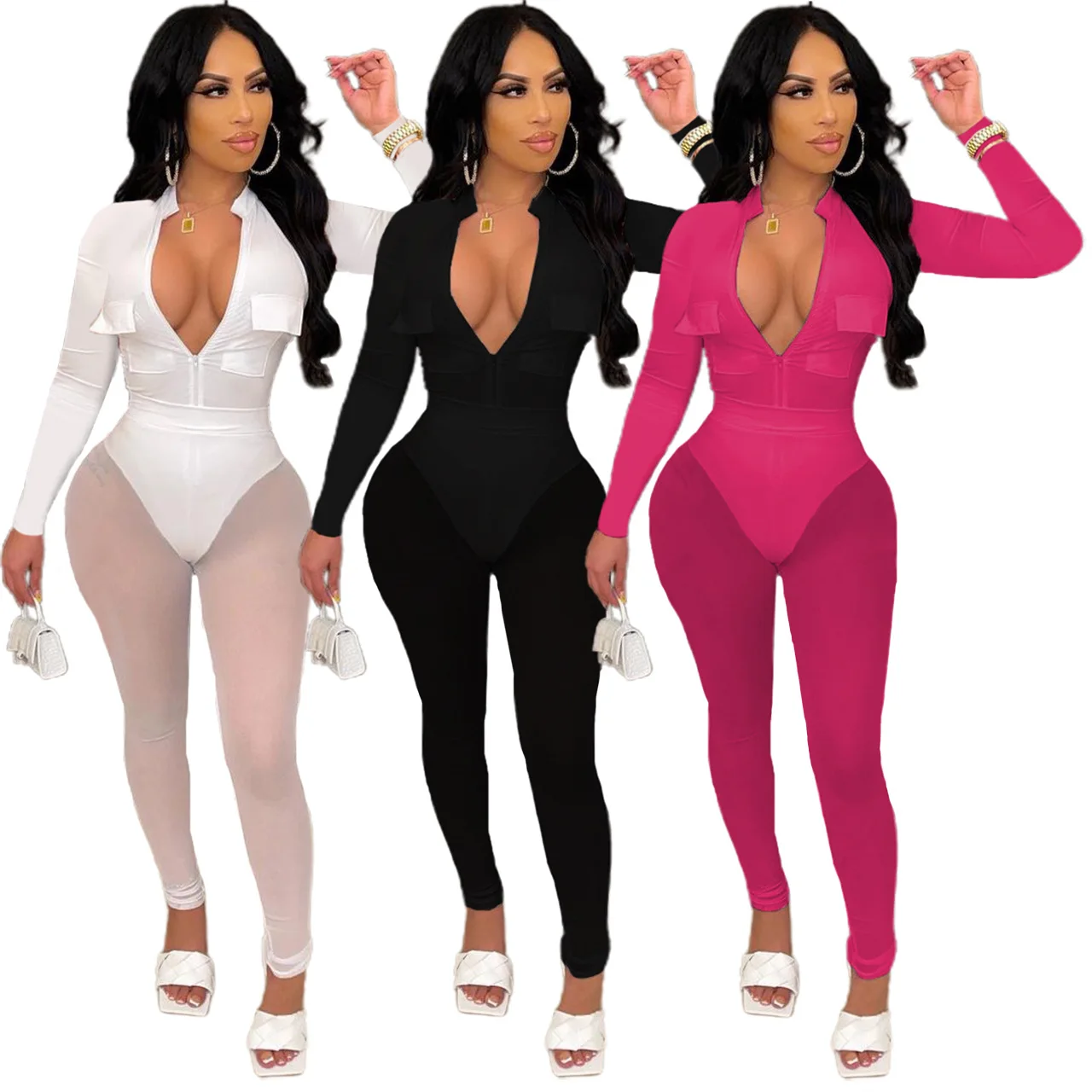 Sexy Solid Sheer Mesh Patchwork Skinny Jumpsuit for Women Turn Down Collar Long Sleeve Bodycon One Piece Night Club Wear 2021
Sexy Solid Sheer Mesh Patchwork Skinny Jumpsuit for Women Turn Down Collar Long Sleeve Bodycon One Piece Night Club Wear 2021