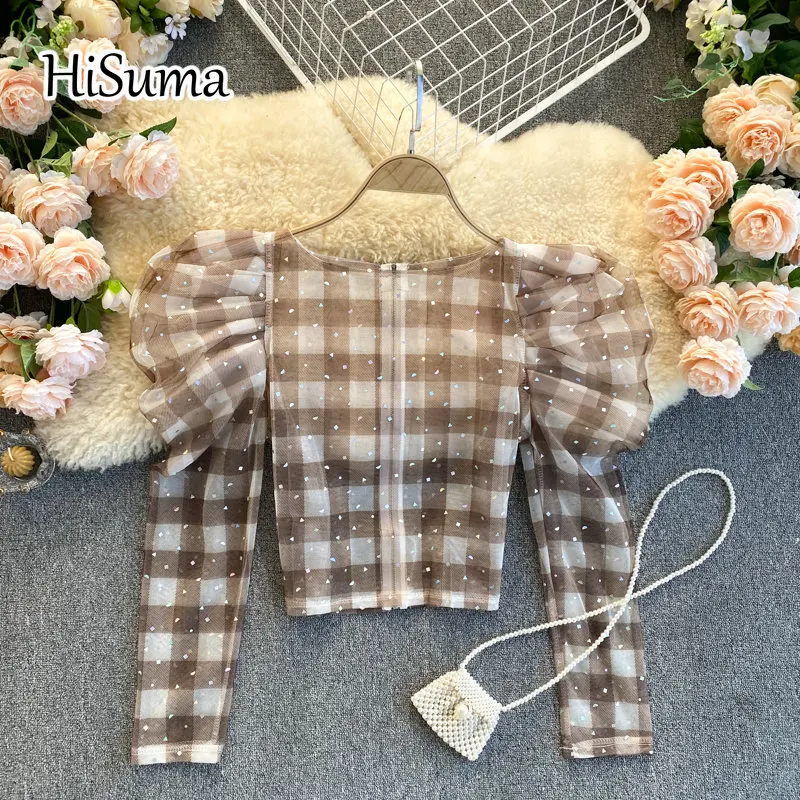 2021 spring new female plaid sequins bling o-neck puff sleeve gauze shirts women elegant mesh short blouses sweet chic shirt
2021 spring new female plaid sequins bling o-neck puff sleeve gauze shirts women elegant mesh short blouses sweet chic shirt