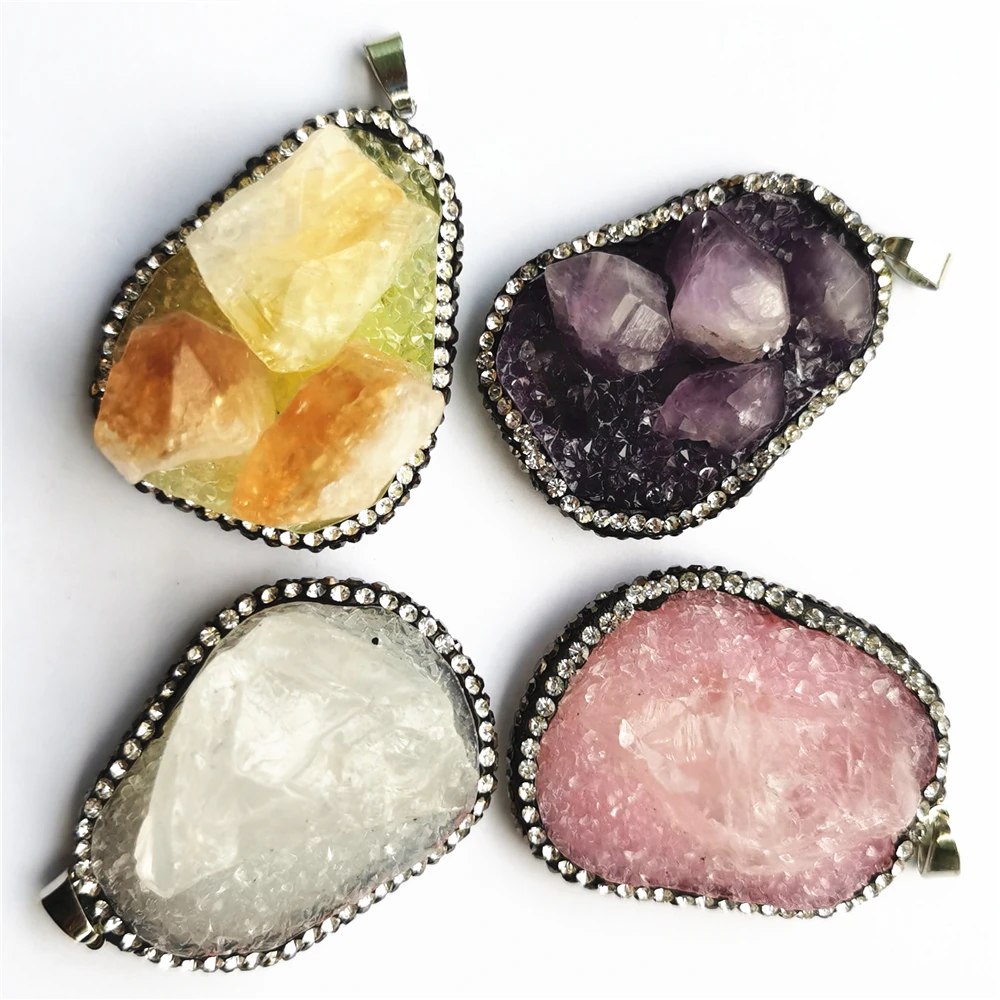 New Fashion Natural Stone Pendant Amethysts Citrines Druzy Roses quartz Raw Ore Crystal Pendants Slide Nickles Women Wholesale
New Fashion Natural Stone Pendant Amethysts Citrines Druzy Roses quartz Raw Ore Crystal Pendants Slide Nickles Women Wholesale