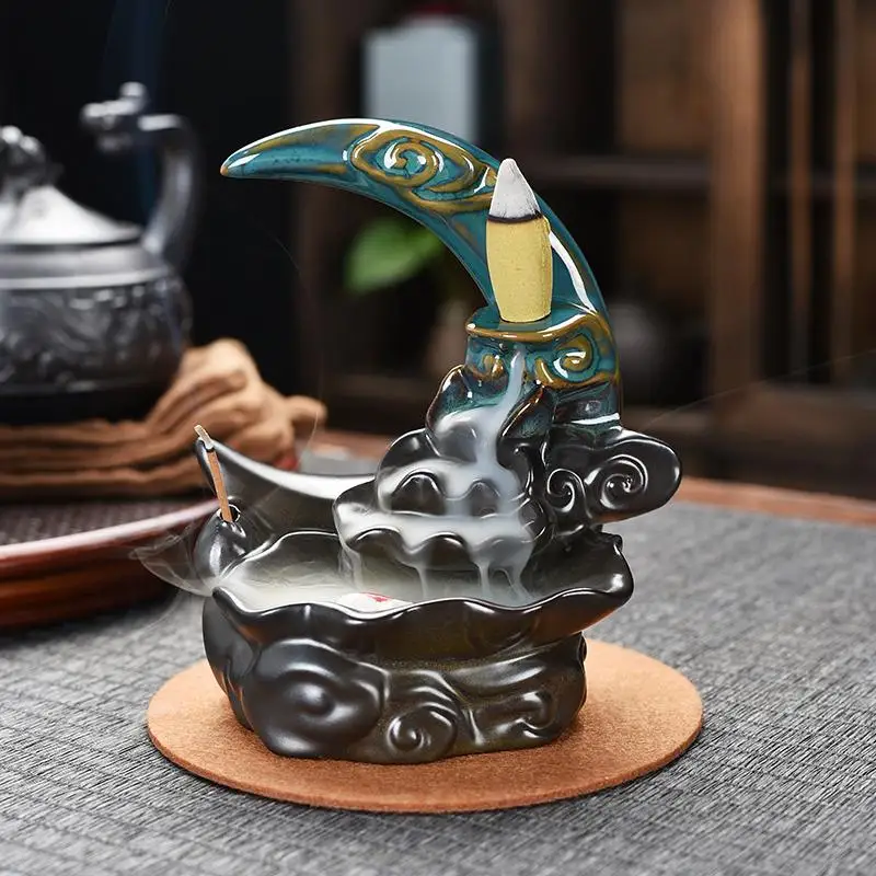 

Smoke Waterfall Incense Holder Ceramic Moon Backflow Incense Burner With 20 Pcs Cones Home Office Teahouse Creative Decoration