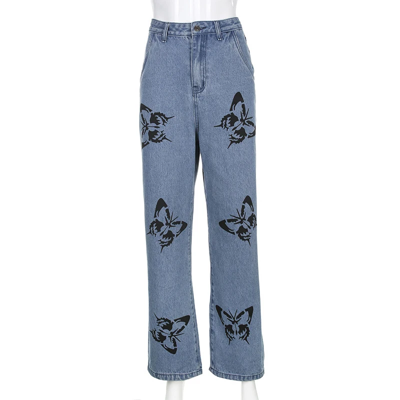 Vintage Straight High Waist Jeans Woman Cowboy Long Trousers Summer Female Loose Streetwear Butterfly Print Wide Leg Pants 2021
Vintage Straight High Waist Jeans Woman Cowboy Long Trousers Summer Female Loose Streetwear Butterfly Print Wide Leg Pants 2021