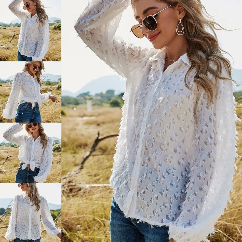 Women Spring Summer Shirt with Feather Single Breasted Casual Lantern Sleeve Turn-Down Collar Blouse Tops
Women Spring Summer Shirt with Feather Single Breasted Casual Lantern Sleeve Turn-Down Collar Blouse Tops