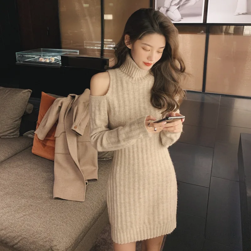 Casual Fashion Turtleneck Sweater Dresses For Women Long Sleeve Off Shoulder Elastic Dress Knitted Vestidos De Mujer Robes Femme
Casual Fashion Turtleneck Sweater Dresses For Women Long Sleeve Off Shoulder Elastic Dress Knitted Vestidos De Mujer Robes Femme