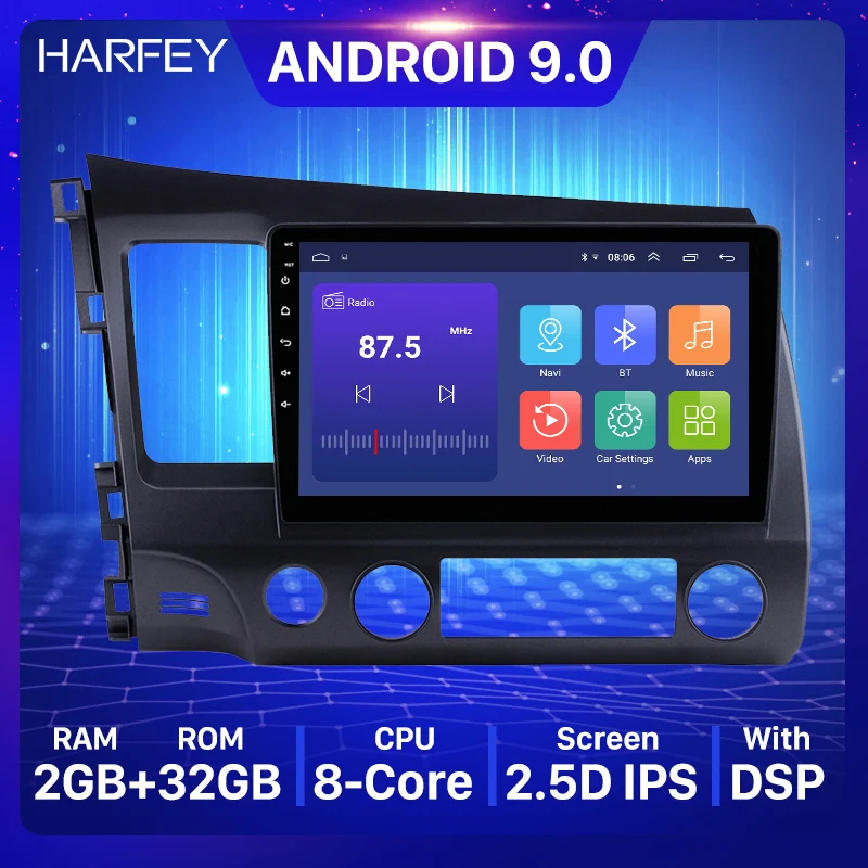 Головное устройство Harfey 10 1 дюйма автомобильное радио 2Din для 2006 2007 2008 2011 Honda Civic
