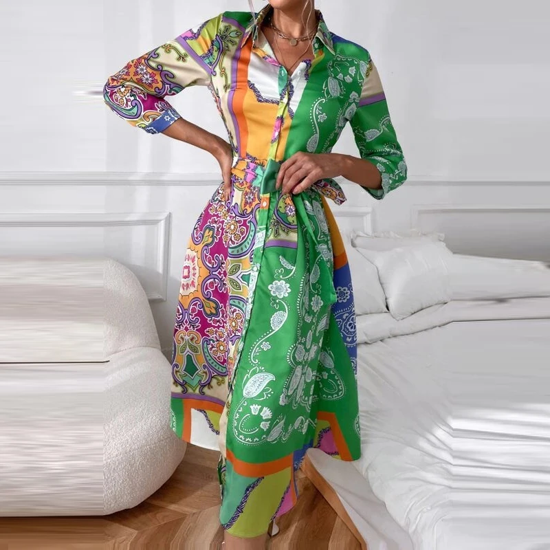 Fashion Women Long Sleeve Lapel Shirt Dress Single-breasted Print Lace-up Loose Maxi Dress Autumn Elegant Office Lady Long Dress 
Fashion Women Long Sleeve Lapel Shirt Dress Single-breasted Print Lace-up Loose Maxi Dress Autumn Elegant Office Lady Long Dress