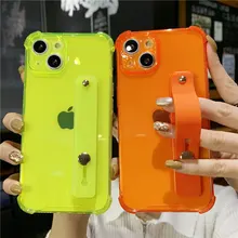 Transparent Candy Color Wrist Strap Case For iPhone 15 12 11 13 Pro Max XR XS Max 8 7 Plus 14 Clear Soft Shockproof Back Cover