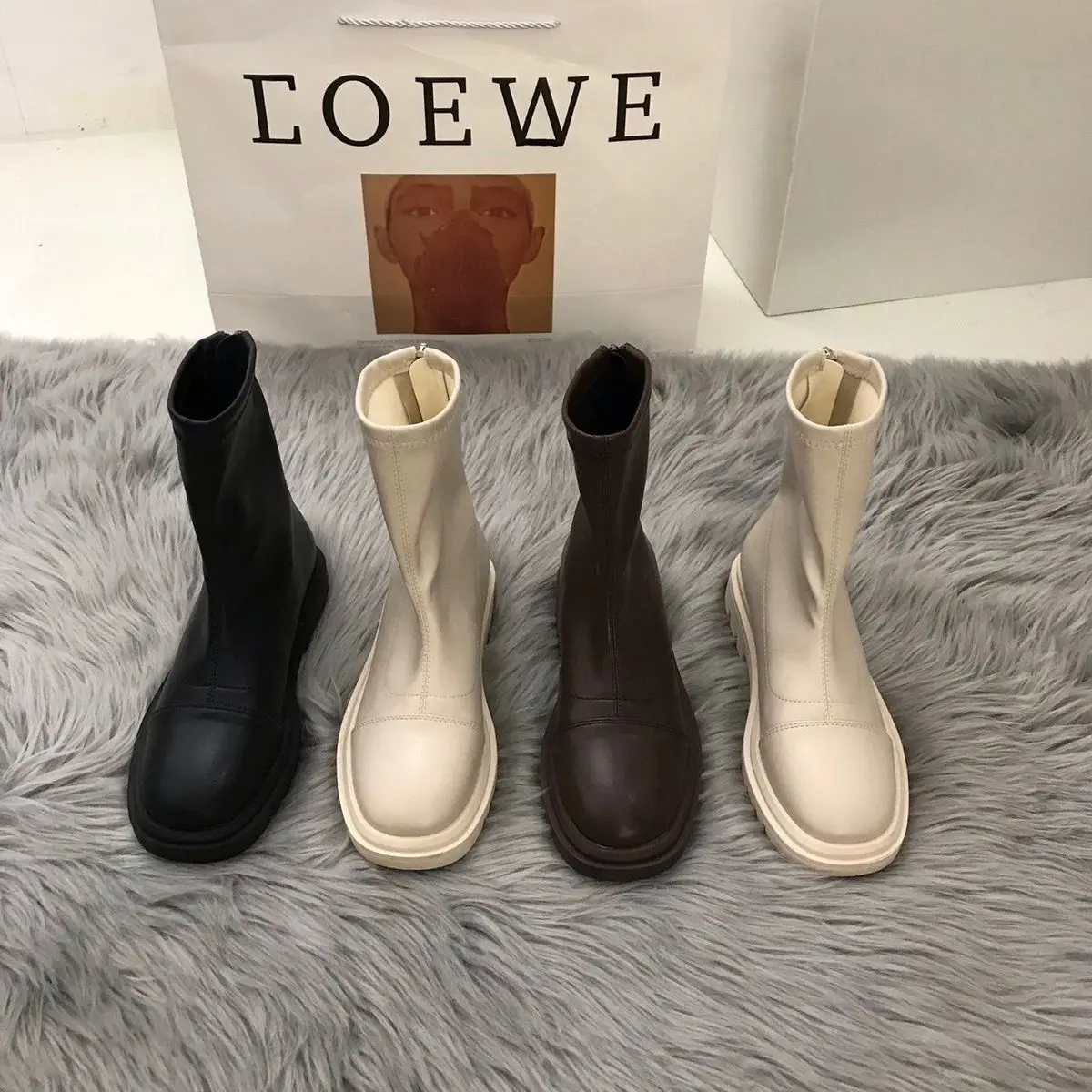 

Mr Co Women Block Low Heels Ankle Boots Spring Female Round Toe Back Zipper Chelsea Boots High Quality Short Boots Black Beige