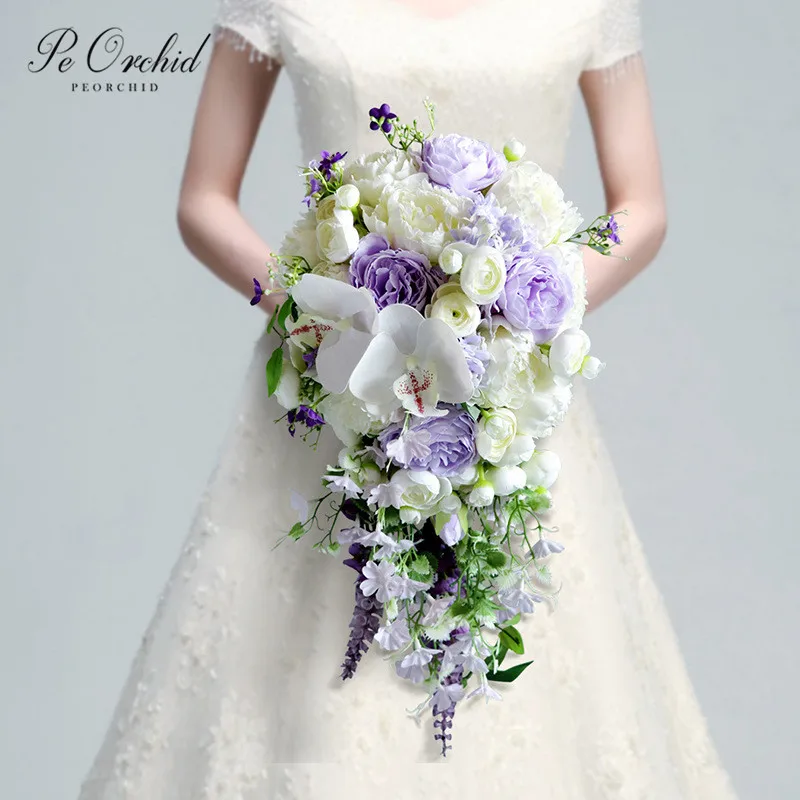 

PEORCHID White&Purple Artificial Peonies Wedding Bridal Bouquet Cascade Orchid Bridesmaids Fake flowers Waterfall Bouquet