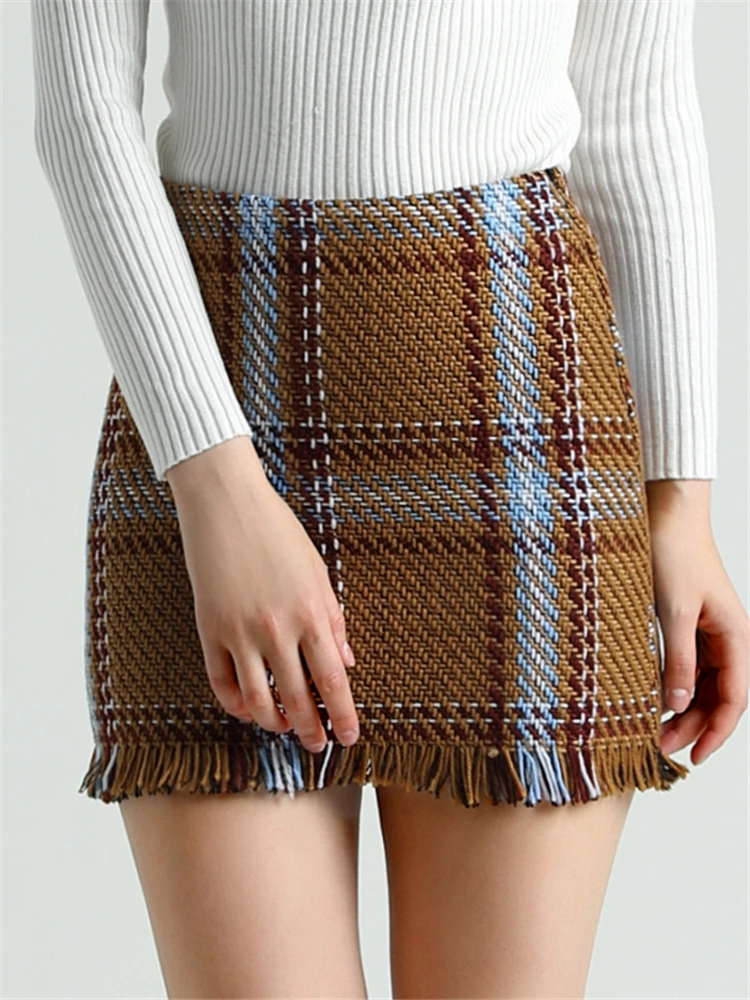 Осень-зима 2020 Женская юбка в клетку с бахромой трапециевидная выше колена модная