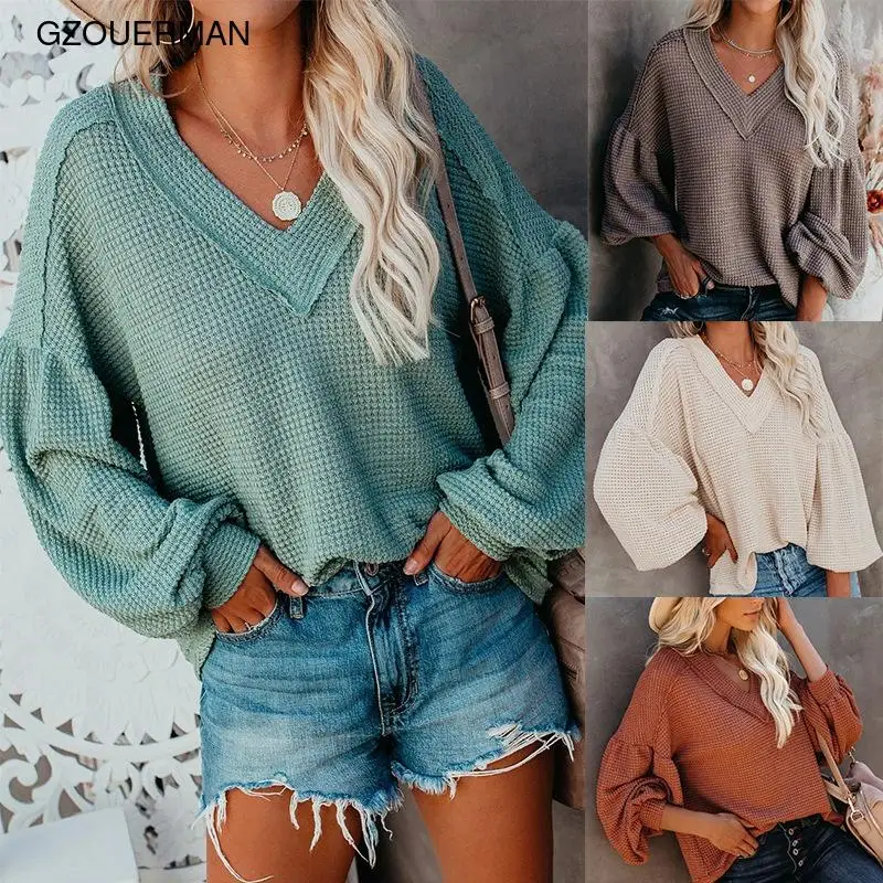 2021 New Fashion Women Girls Solid Color Loose V-neck Knitwear Long Puff Sleeve Autumn Winter Europe and America Tops Blouse
2021 New Fashion Women Girls Solid Color Loose V-neck Knitwear Long Puff Sleeve Autumn Winter Europe and America Tops Blouse