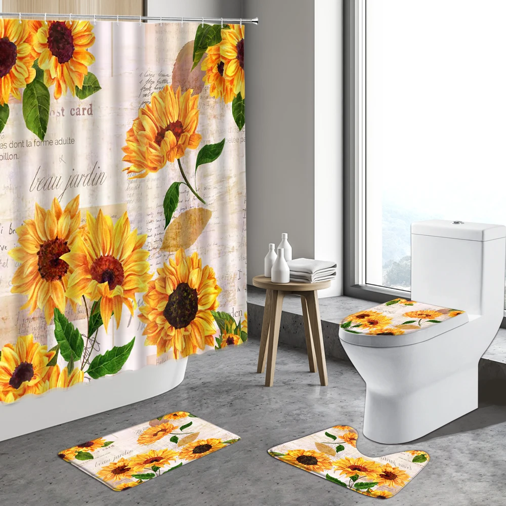 4pcs Floral Shower Curtain Sunflower Green Leaf Red Poppy Watercolor Flower Plant Anti-Slip Rugs Bathroom Mats Toilet Lid Cover 
4pcs Floral Shower Curtain Sunflower Green Leaf Red Poppy Watercolor Flower Plant Anti-Slip Rugs Bathroom Mats Toilet Lid Cover