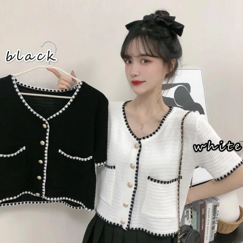 2021 Summer New Style Short-sleeved Tops Female Celebrity Temperament Short Knitted Blouse Thin Cardigan Womens T Shirt
2021 Summer New Style Short-sleeved Tops Female Celebrity Temperament Short Knitted Blouse Thin Cardigan Womens T Shirt