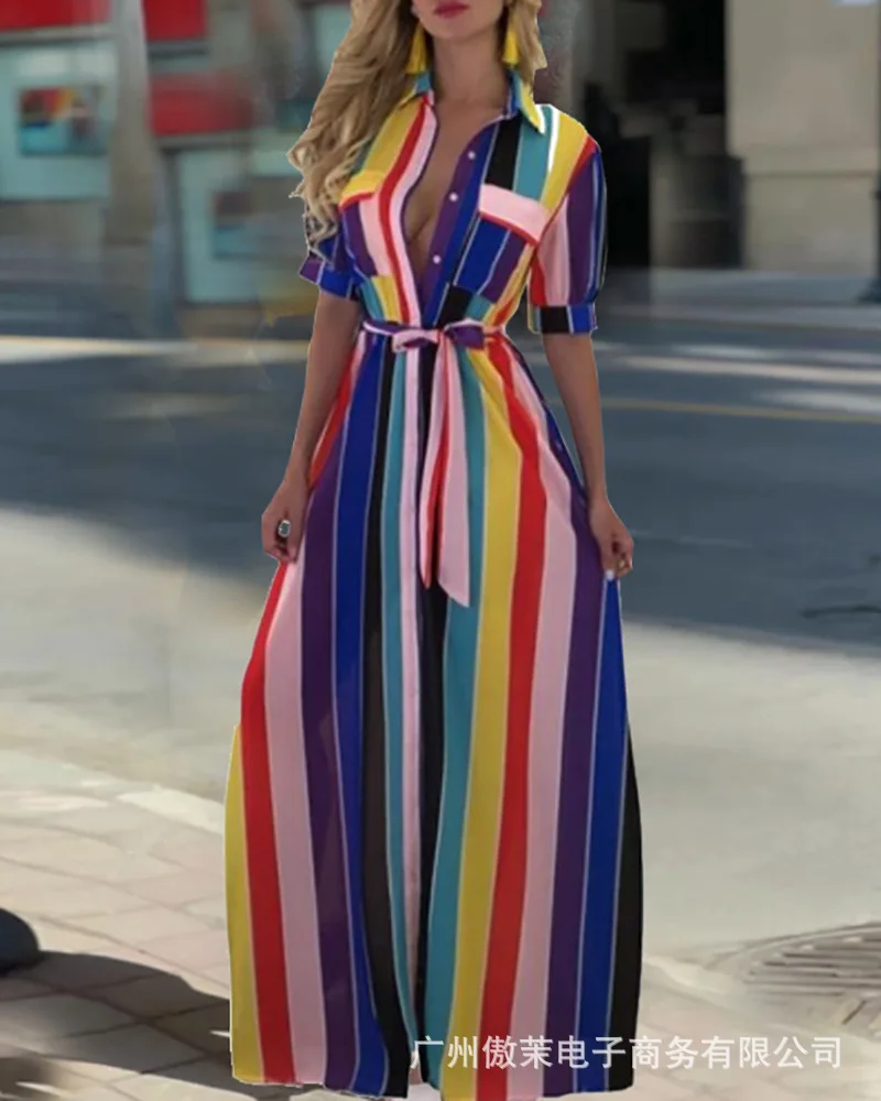 2021 New Lapel Lace Up Color Stripe Print Medium Sleeve Dress Women
2021 New Lapel Lace Up Color Stripe Print Medium Sleeve Dress Women