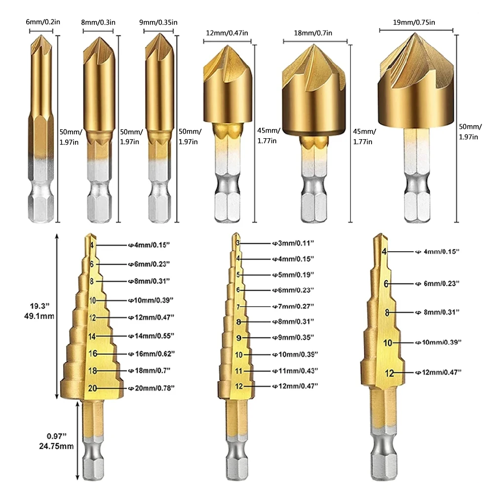 10pcs 1/4''Hex Shank Countersink High Speed Step Drill Bit Set Chamfering Cutter Metal Center Pin Punch Hole Step Drill Bit Tool
10pcs 1/4''Hex Shank Countersink High Speed Step Drill Bit Set Chamfering Cutter Metal Center Pin Punch Hole Step Drill Bit Tool