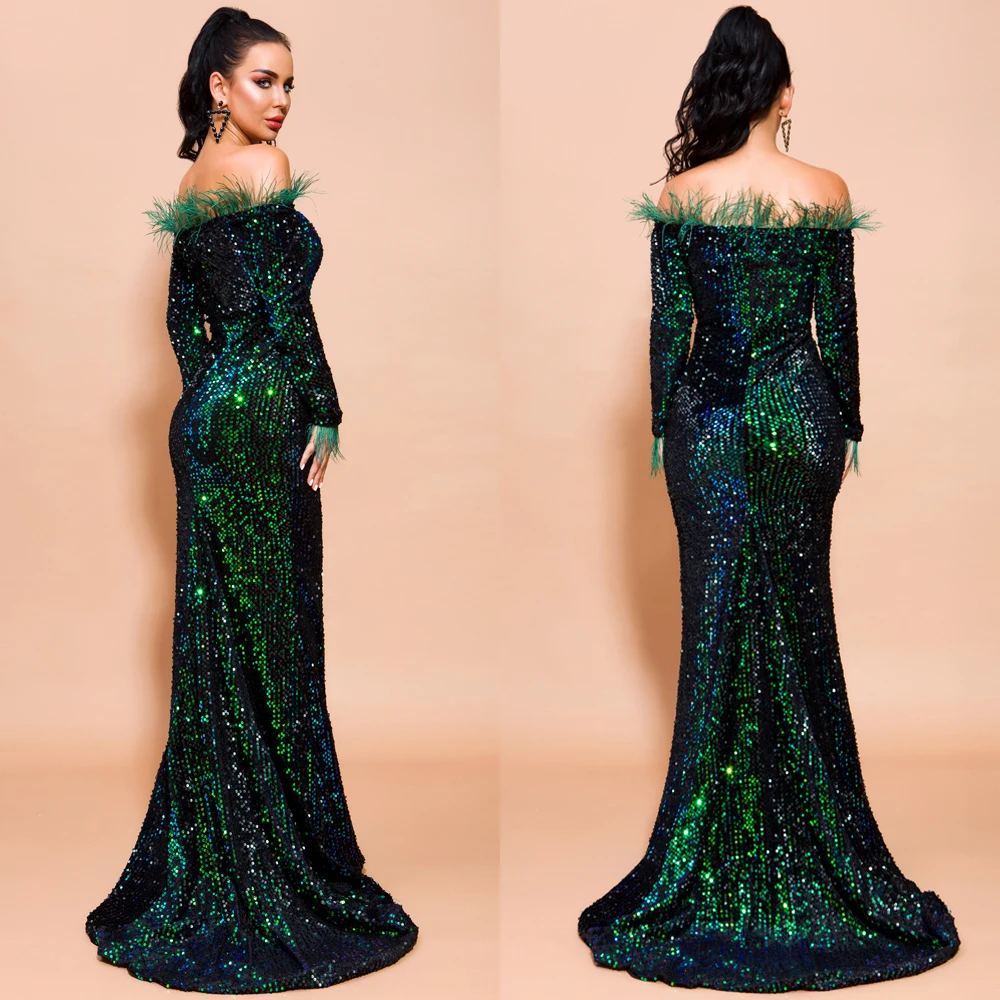 Spring Sexy Off-shoulder Feather Long-sleeved Sequined Dress, Long Evening Party Dress Reflective Skirt, Tight Waistline Party
Spring Sexy Off-shoulder Feather Long-sleeved Sequined Dress, Long Evening Party Dress Reflective Skirt, Tight Waistline Party