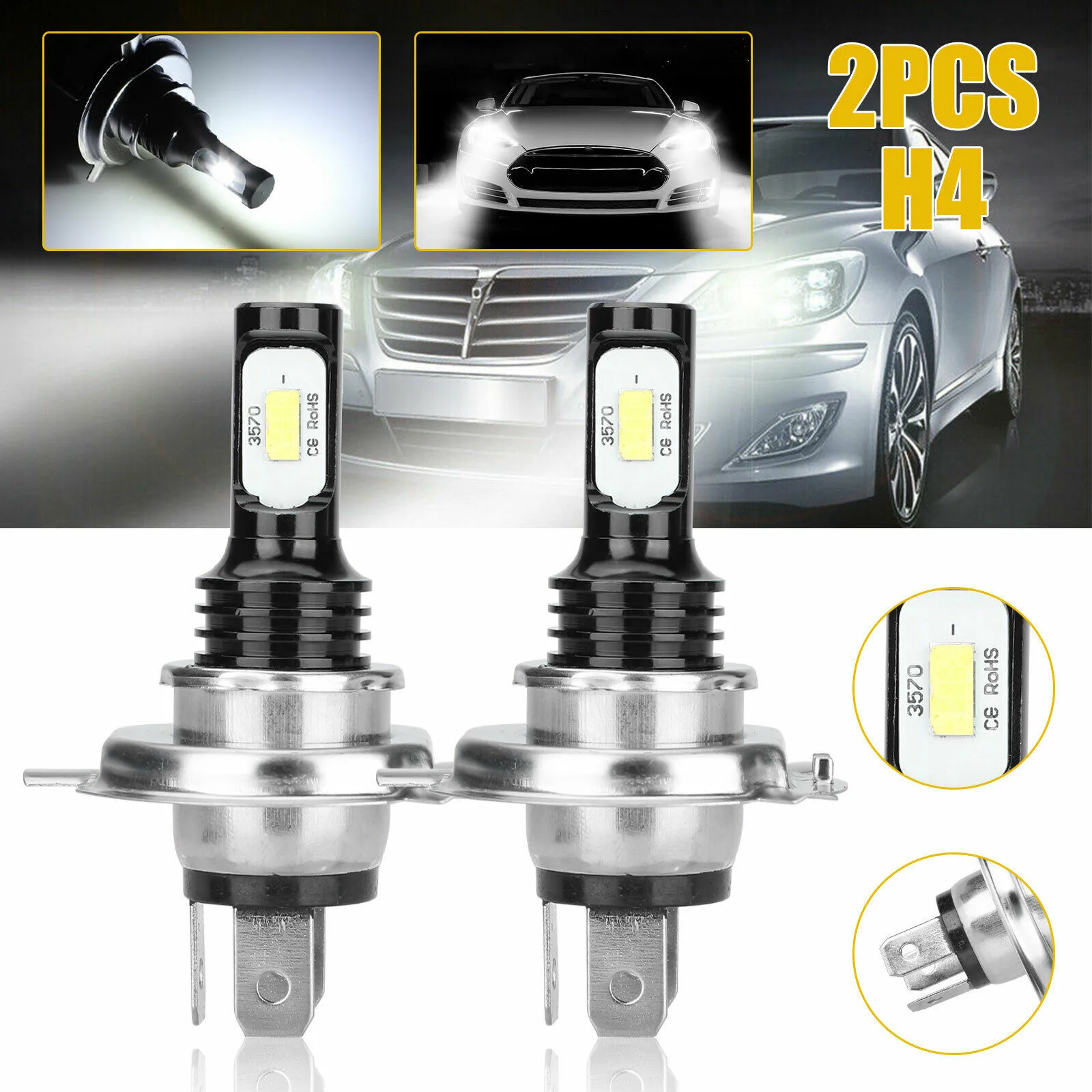 

2Pcs Car Headlight Bulb H4 LED HB2 9003 50W 14000LM Plug-N-Play Extremely Bright 6000K CSP LED Chip High Power Bulbs