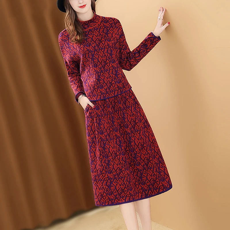 Only Plus Winter Women Skirt Suit Printed Woolen Knitted 2 Pieces Set Vintage Casual Red Sets 2020 New Design | Женская одежда