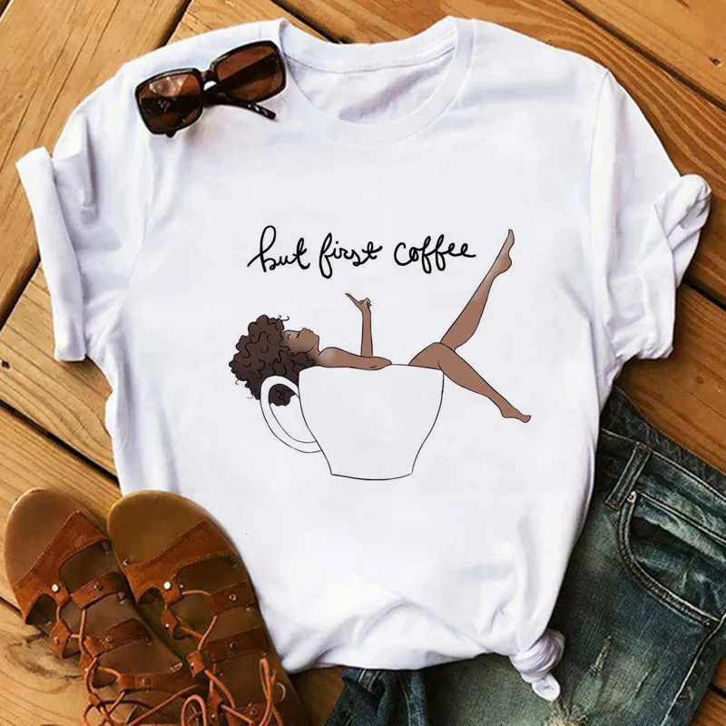 Poppin Mom T Shirt Casual Women Black African Curly Hair girl Printed Tshirt Femme Harajuku Clothes Female T-shirt Tops | Женская одежда