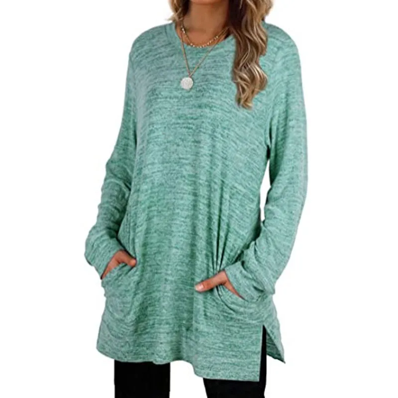 Long Sleeve Tunic Women Casual Pocket Split Hem Round Neck Blouse Female Autumn Tops YJ0008
Long Sleeve Tunic Women Casual Pocket Split Hem Round Neck Blouse Female Autumn Tops YJ0008