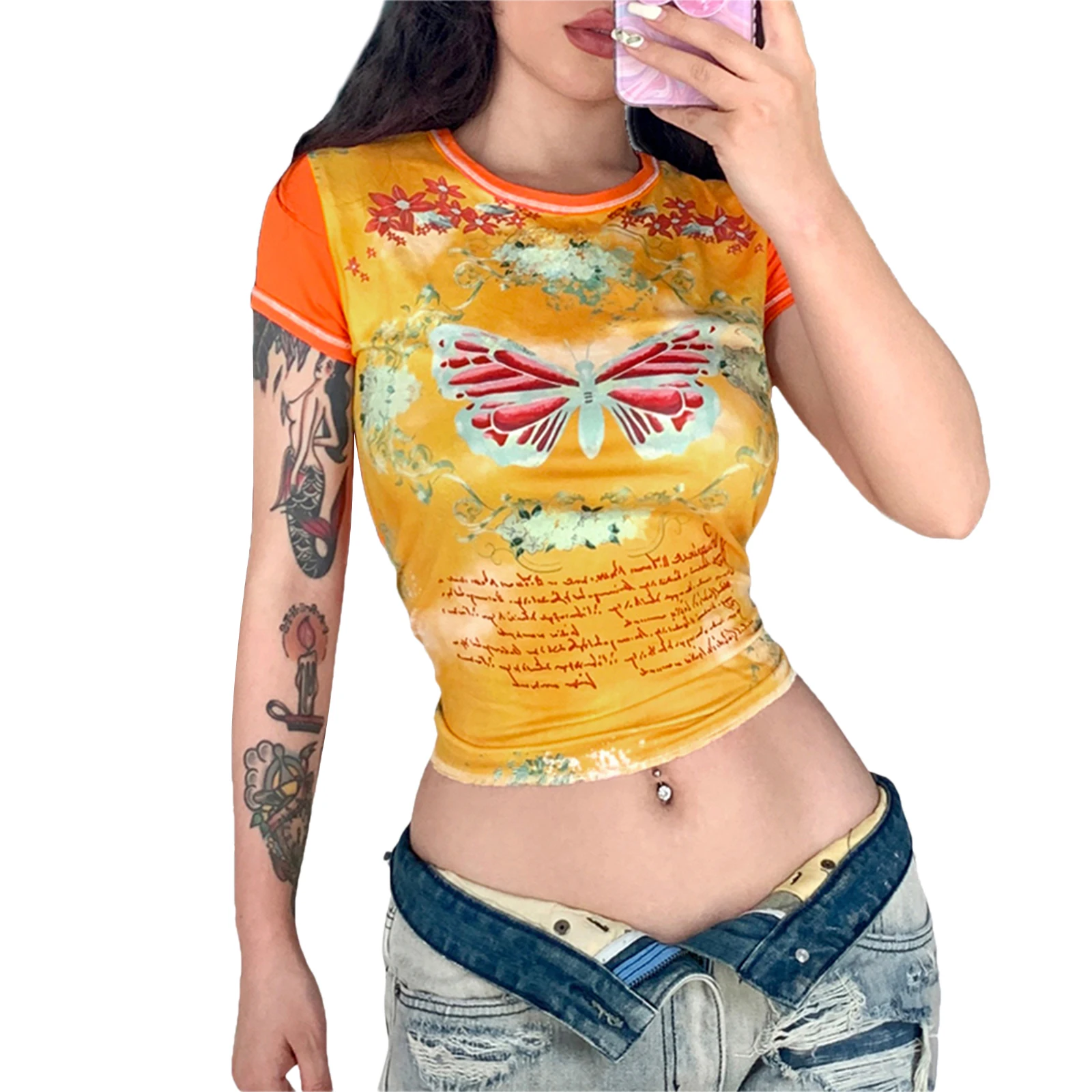 Женская Повседневная футболка с коротким рукавом, модные топы с круглым вырезом и принтом бабочек и надписей, 
Женская Повседневная футболка с коротким рукавом, модные топы с круглым вырезом и принтом бабочек и надписей,