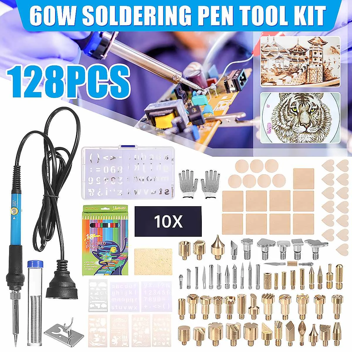 110V/220V 60W Engraving Soldering Iron Kit Adjustable Temperature Wood Burning Pen Pyrography Tools Welding Repair Tools 128PCS
110V/220V 60W Engraving Soldering Iron Kit Adjustable Temperature Wood Burning Pen Pyrography Tools Welding Repair Tools 128PCS