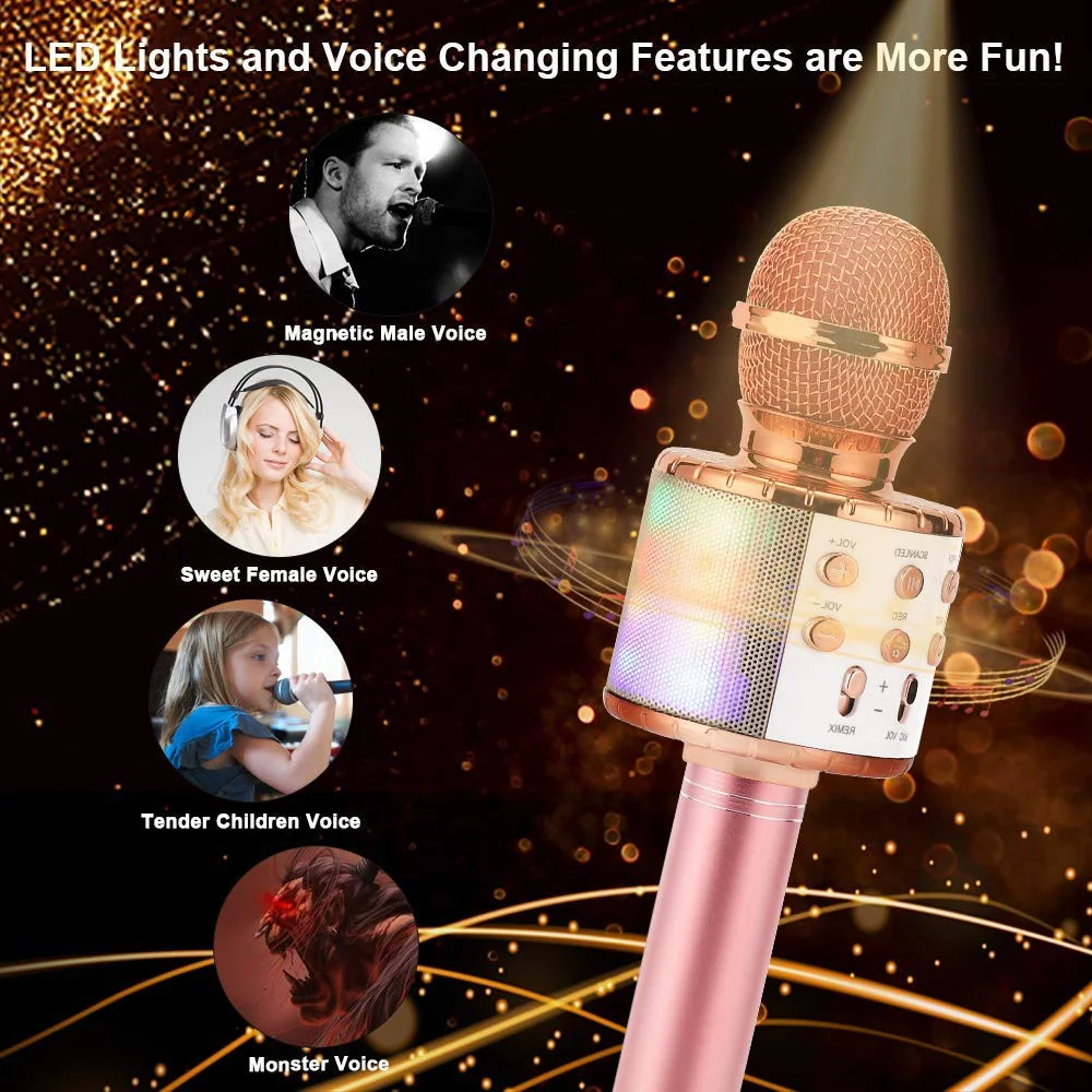 Bluetooth Wireless Karaoke Microphone Player MIC Speaker Music Microphone with LED dancing lights recording function for kids
Bluetooth Wireless Karaoke Microphone Player MIC Speaker Music Microphone with LED dancing lights recording function for kids