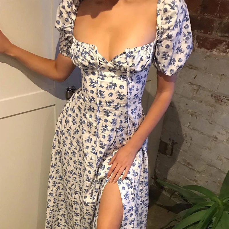 Summer Fashion Blue Flower Print Boho Long Maxi Dress Women Puff Short Sleeve A-Line Tie Up Slit Dresses Female Vestidos Robe
Summer Fashion Blue Flower Print Boho Long Maxi Dress Women Puff Short Sleeve A-Line Tie Up Slit Dresses Female Vestidos Robe