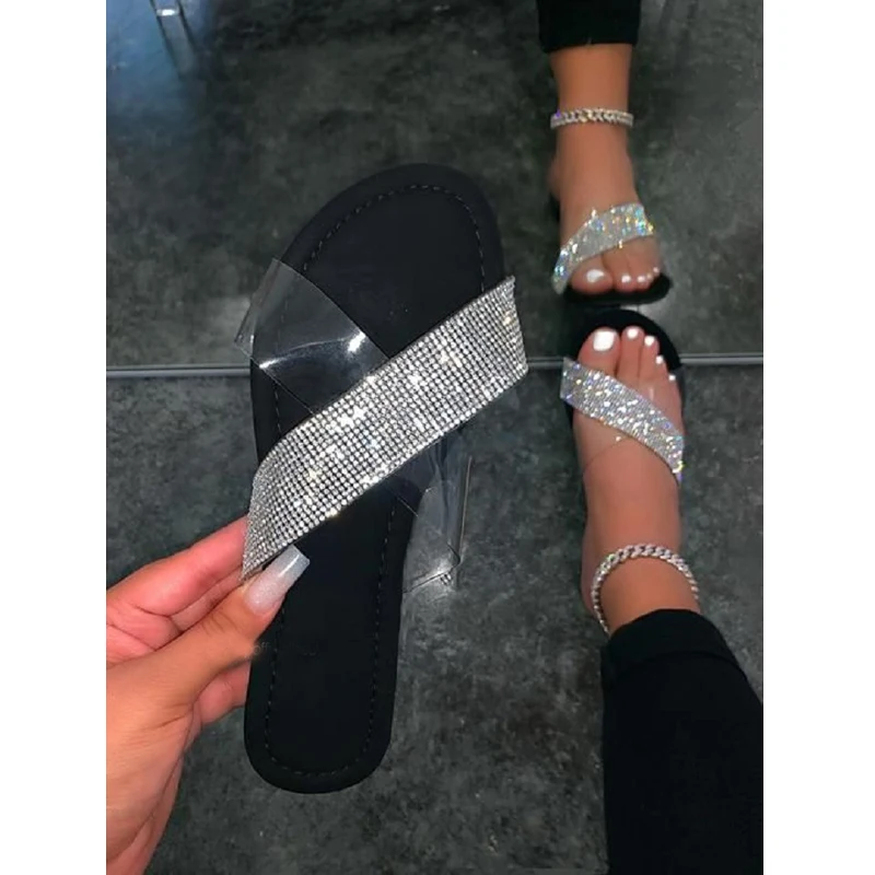 Summer Beach Sandals Shiny Rhinestone Women Black Flat Bottom Slippers Open Toe Cross Slides Sexy Transparent Women's Shoes
Summer Beach Sandals Shiny Rhinestone Women Black Flat Bottom Slippers Open Toe Cross Slides Sexy Transparent Women's Shoes
