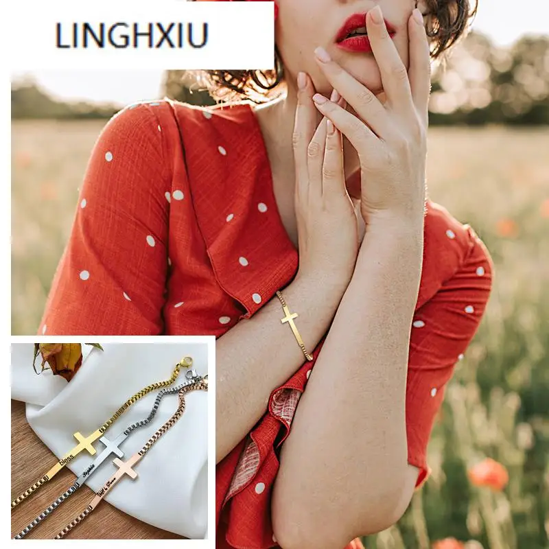 Personalized Engrave Sideways Cross Bracelet for Women Stainless Steel Adjustable Box Chain Link Name Date Customized Gifts
Personalized Engrave Sideways Cross Bracelet for Women Stainless Steel Adjustable Box Chain Link Name Date Customized Gifts