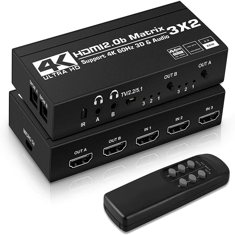 HDMI-compatible matrix 3 in 2 out HDMI-compatible2.0 matrix HDMI-compatible switcher distributor 4k60hz with dual audio
HDMI-compatible matrix 3 in 2 out HDMI-compatible2.0 matrix HDMI-compatible switcher distributor 4k60hz with dual audio